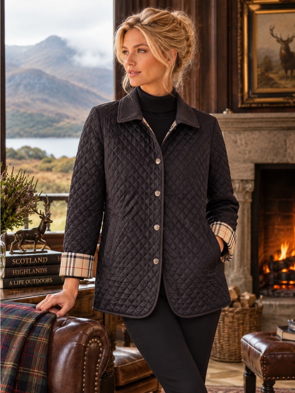 Burberry London Black Quilted Barn Jacket with Check Lining – Size Medium